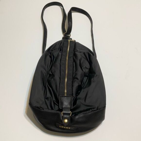 Loume Black Nylon and Vegan Leather Slouchy Backpack, Gold hardware - Picture 4 of 16